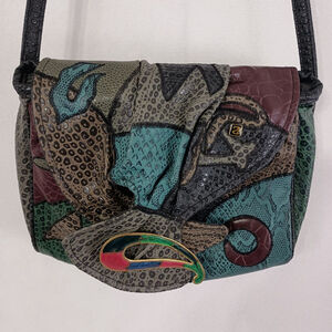 Vintage 80s NAS Women's Faux Frog Leather Patchwork Crossbody Purse Glam Classic